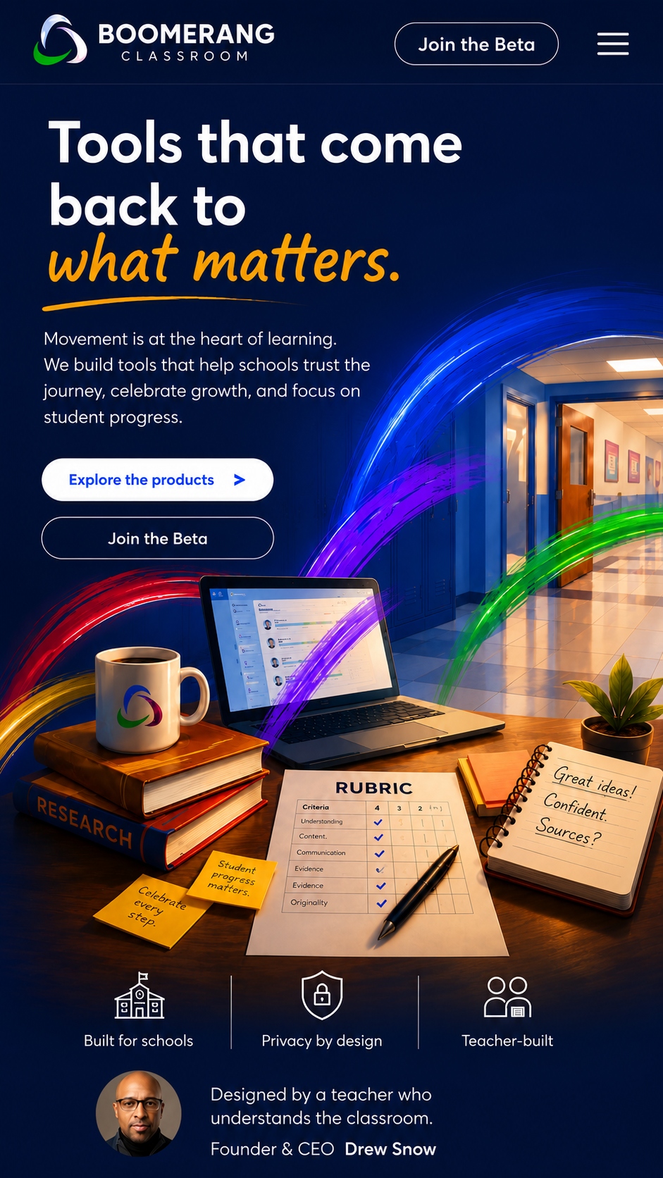 Boomerang Classroom mobile hero: headline 'Tools that come back to what matters' above a teacher's desk with books, a coffee mug, an open laptop, a rubric, and sticky notes, with multi-color brush arcs sweeping into a school hallway lined with lockers.