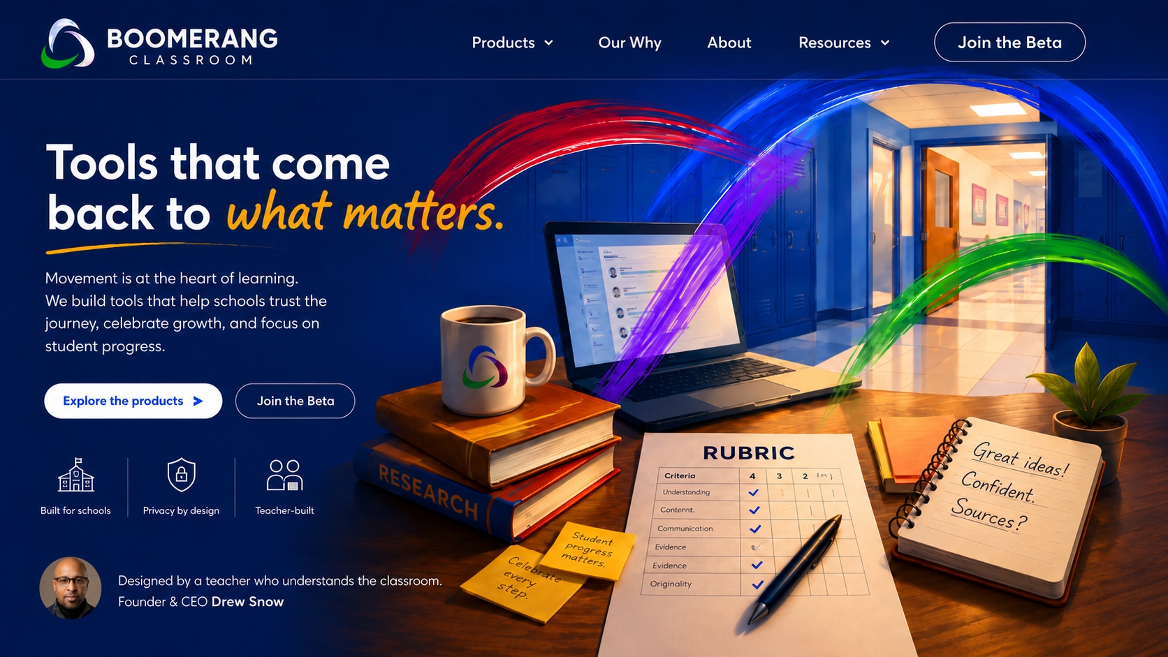 Boomerang Classroom hero: a teacher's desk with books, a coffee mug, an open laptop, a rubric, and sticky notes, with multi-color brush arcs sweeping into a school hallway lined with lockers.