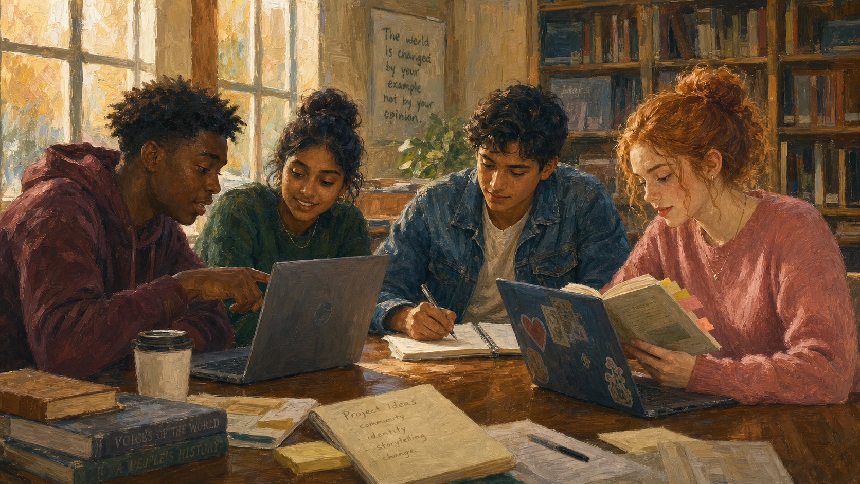 Painterly illustration of four diverse high school students collaborating on a class project around a wooden table, two open laptops between them, books and notebooks spread out, warm afternoon light coming through the windows.