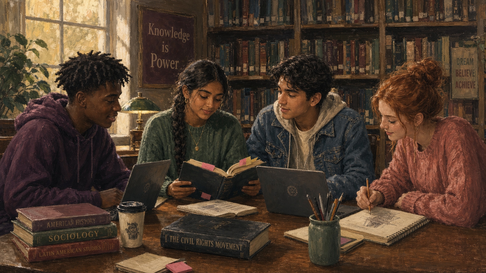 Painterly illustration of four high school students working together in a school library at a wooden table, with books, a laptop, sticky notes, and notebooks — a poster reading 'Knowledge is Power' on the wall behind them.