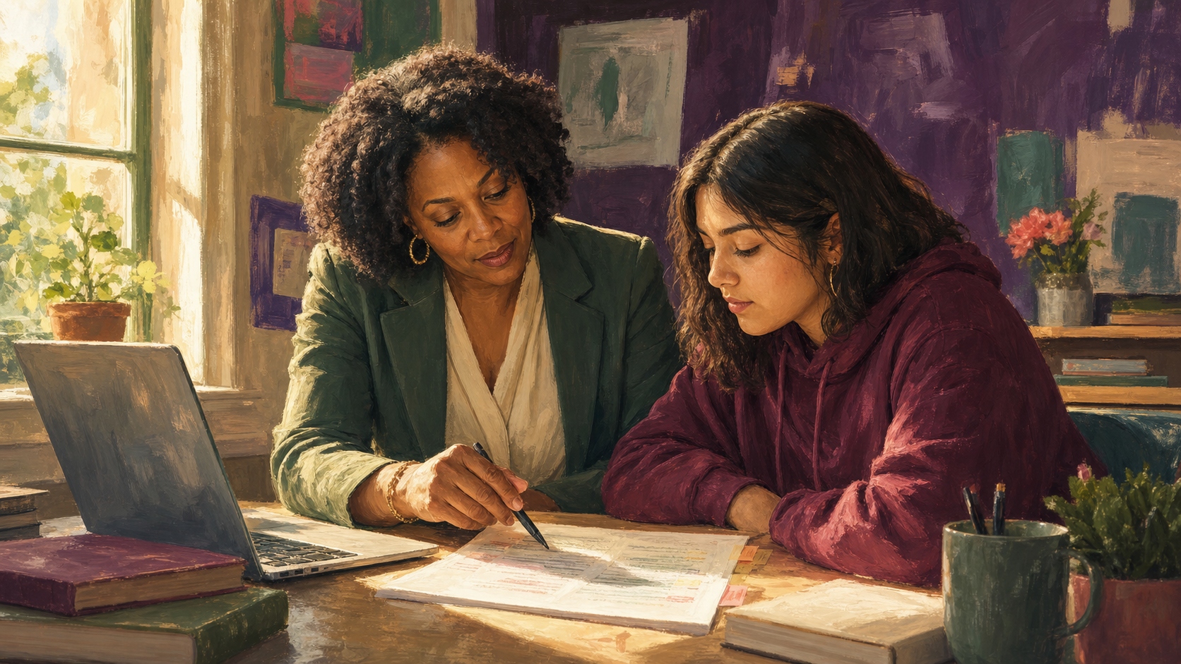 Painterly illustration of a teacher and a high school student leaning over a paper together at a desk, the teacher pointing at a passage with a pen, warm sunlight from a window on the left.